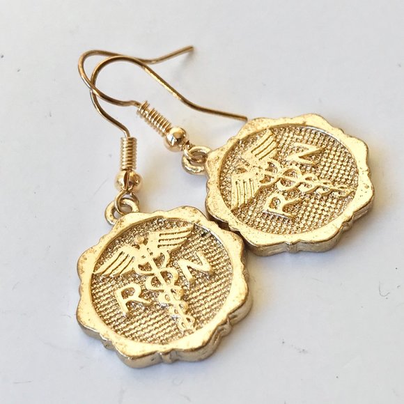 Gold Caduceus RN Nursing Earrings Nurse Graduation - Picture 4 of 7